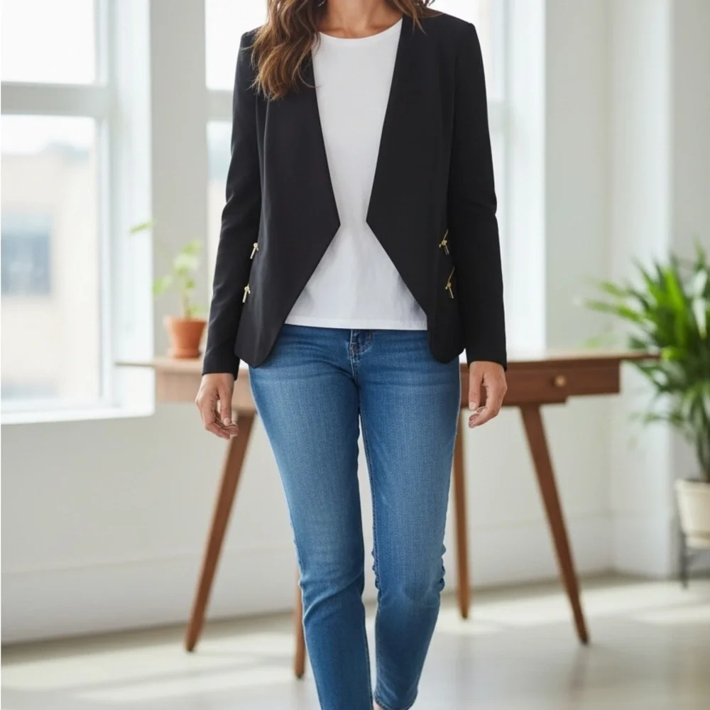 Calvin Klein Black Cutaway Blazer With Gold Zippers - Picture 1 of 5